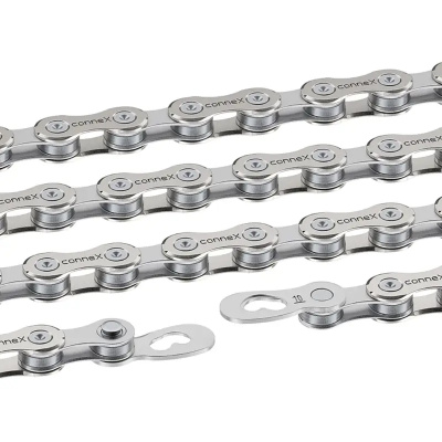 Connex 10SE Bicycle Chain 124 Link 10-Speed Stainless Rollers and Inner Links Nickel Plate
