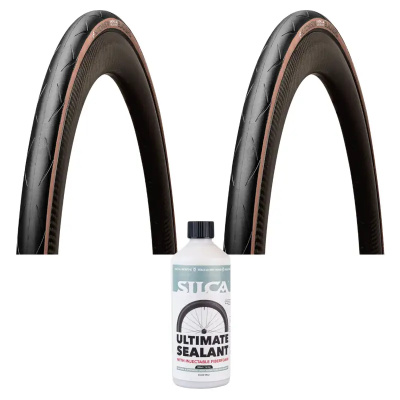 Hutchinson Blackbird TR 700c Tyre Tan Wall Pair with Silca Ultimate Tubeless Sealant v2 500ml Bundle