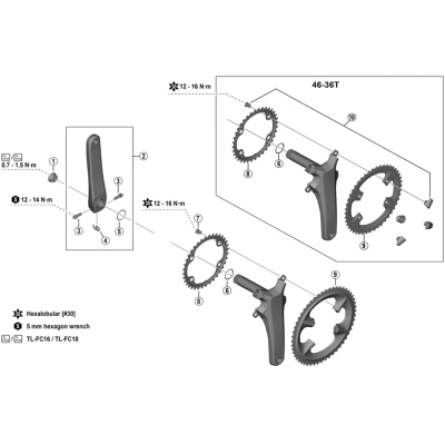 Shimano FC-08 fixing bolt and nut set - M8 x 10.1 mm for 46-36T