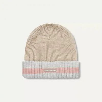 SealSkinz Holkham Waterproof Cold Weather Striped Roll Cuff Beanie Brown/Pink