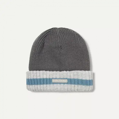 SealSkinz Holkham Waterproof Cold Weather Striped Roll Cuff Beanie Grey/Blue