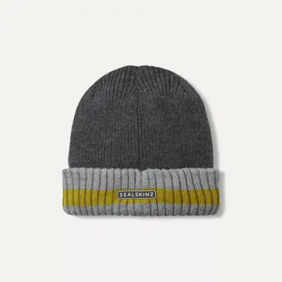 SealSkinz Holkham Waterproof Cold Weather Striped Roll Cuff Beanie Grey/Green
